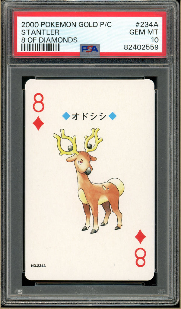 Pokémon - Stantler 8 of Diamonds, Gold Ho-oh Back Poker Deck #234A PSA 10 front