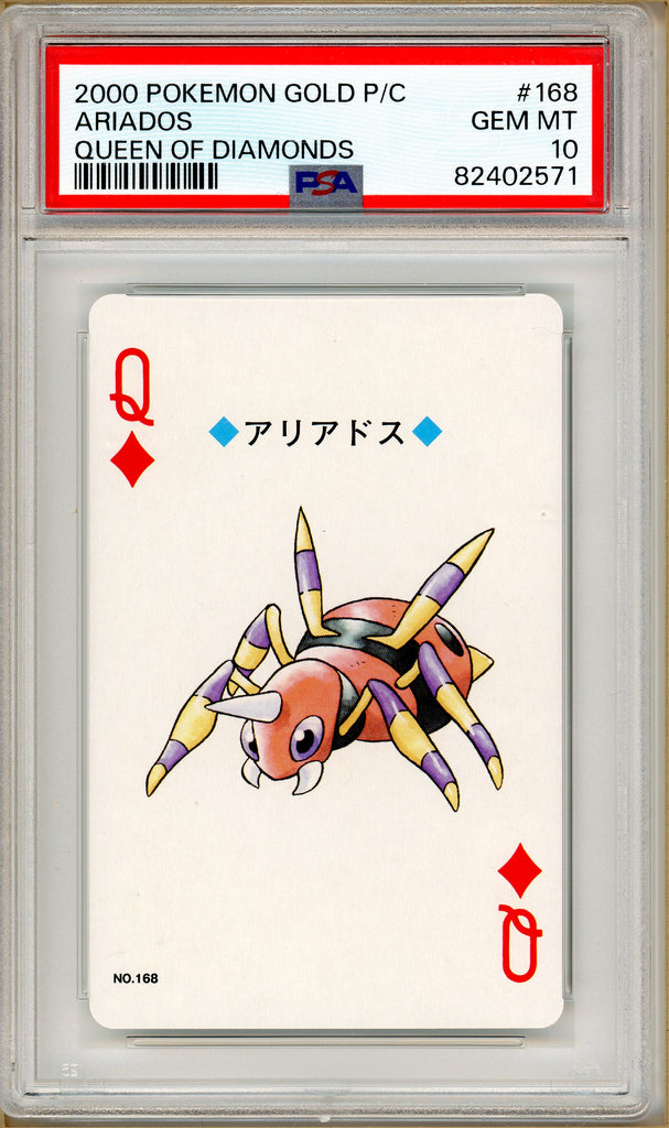 Pokémon - Ariados Queen of Diamonds, Gold Ho-oh Back Poker Deck #168 PSA 10 front