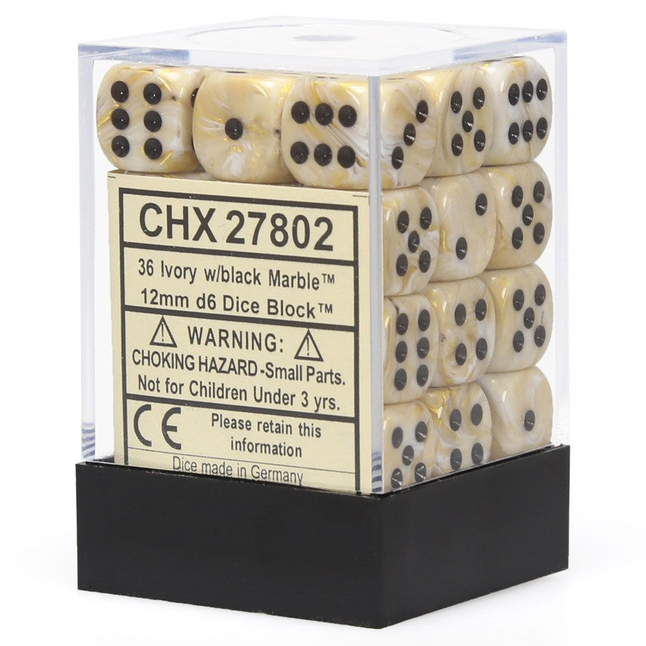 Chessex Marble Ivory with Black Numbers 12 mm Dice Block (36 dice)