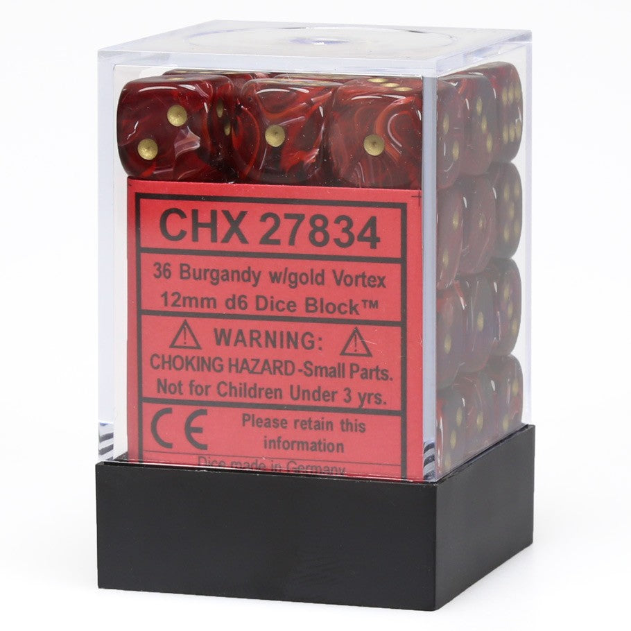 Chessex Vortex Burgandy with Gold Pips 12 mm Dice Block (36 dice)