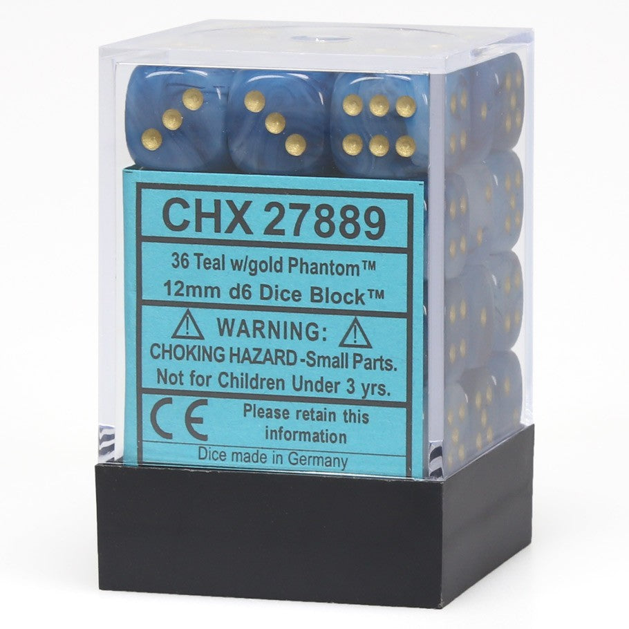 Chessex Phantom™ Teal with Gold Pips 12mm Dice Block (36 dice)