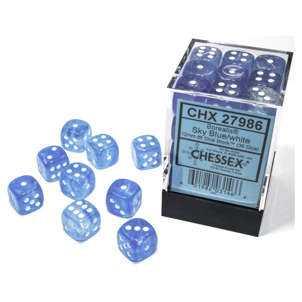 Chessex Borealis Sy Blue with White pips 12 mm Dice Block (36 dice)