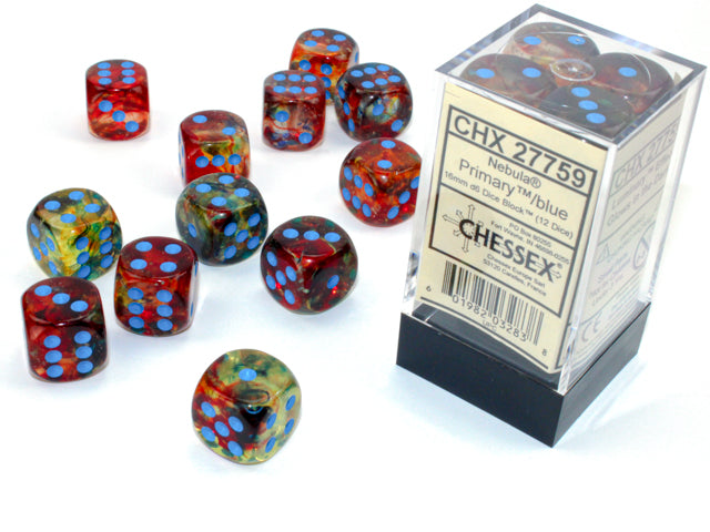 Chessex Nebula Primary Luminary with Blue Pips 16mm Dice Block (12 dice)