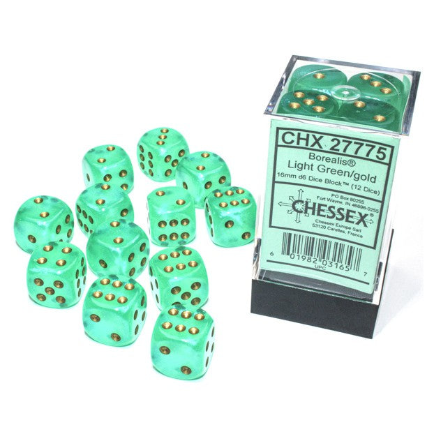 Chessex Borealis™ Light Green with Gold Numbers 16 mm d6 Dice Block (12 dice)