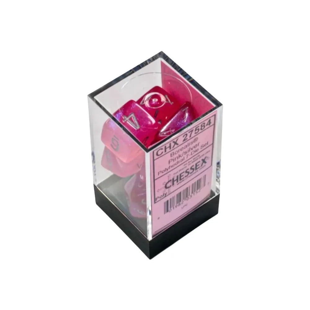Chessex Borealis  Luminary™ Pink Polyhedral Dice with Silver Numbers - Set of 7