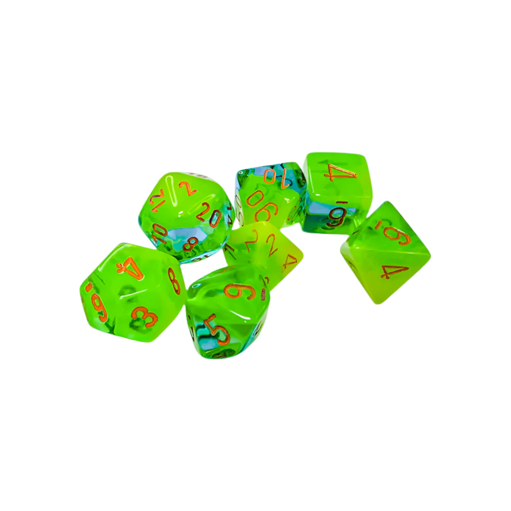 Chessex Gemini™ Plasma Green/Teal Polyhedral Dice with Orange Numbers Luminary - Set of 7