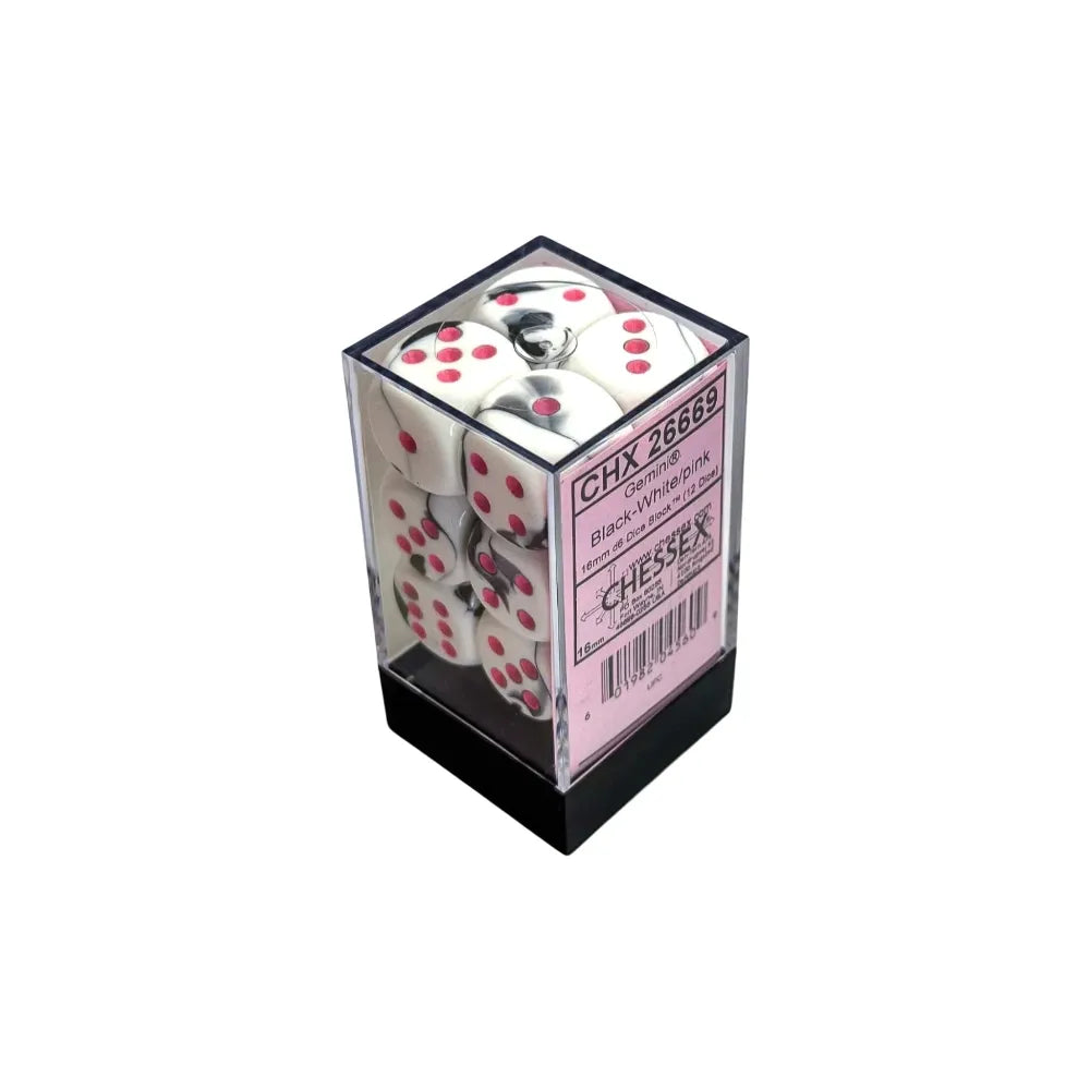Chessex Gemini™ Black-White with Pink Pips 16 mm Dice Block (12 dice)