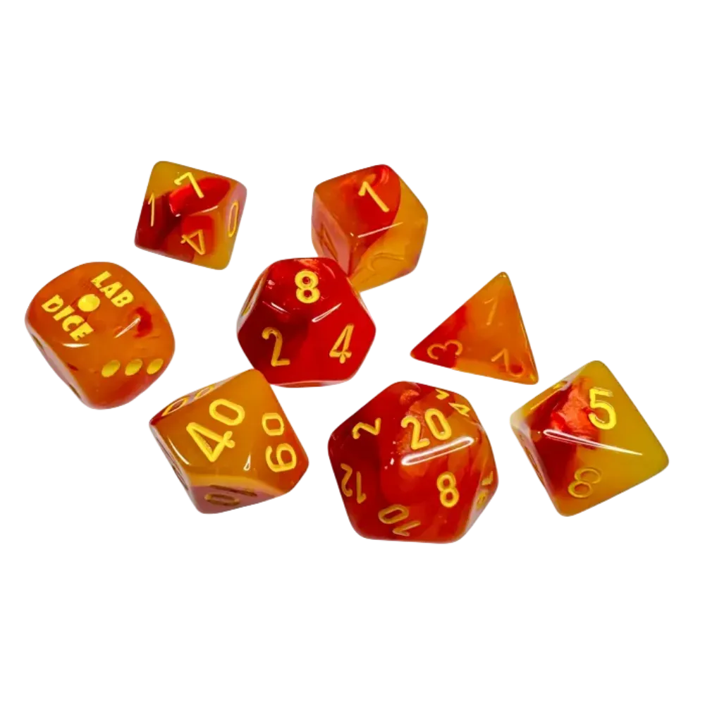 Chessex Lab Dice Gemini™ Gellow-Red/Yellow Polyhedral Luminary with Yellow Numbers - Set of 7