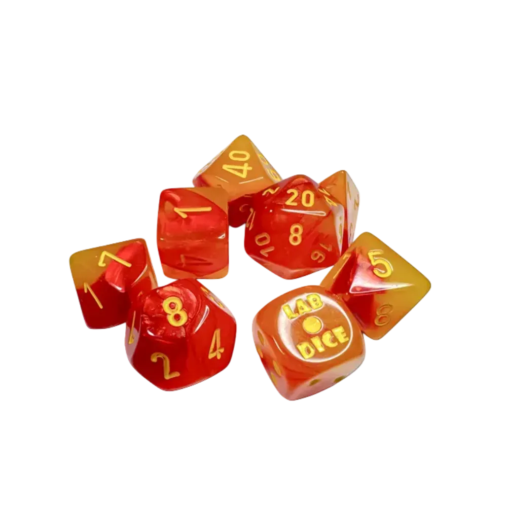 Chessex Lab Dice Gemini™ Gellow-Red/Yellow Polyhedral Luminary with Yellow Numbers - Set of 7