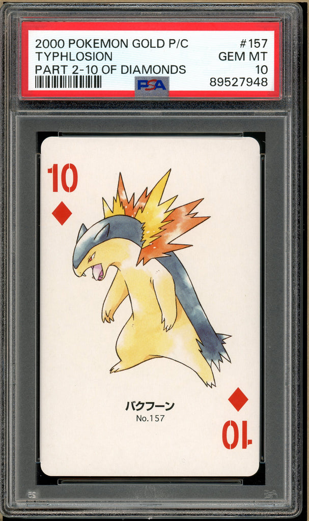 Pokémon - Typhlosion 10 of Diamonds Part 2, Gold Pichu Back Poker Deck #157 PSA 10 front
