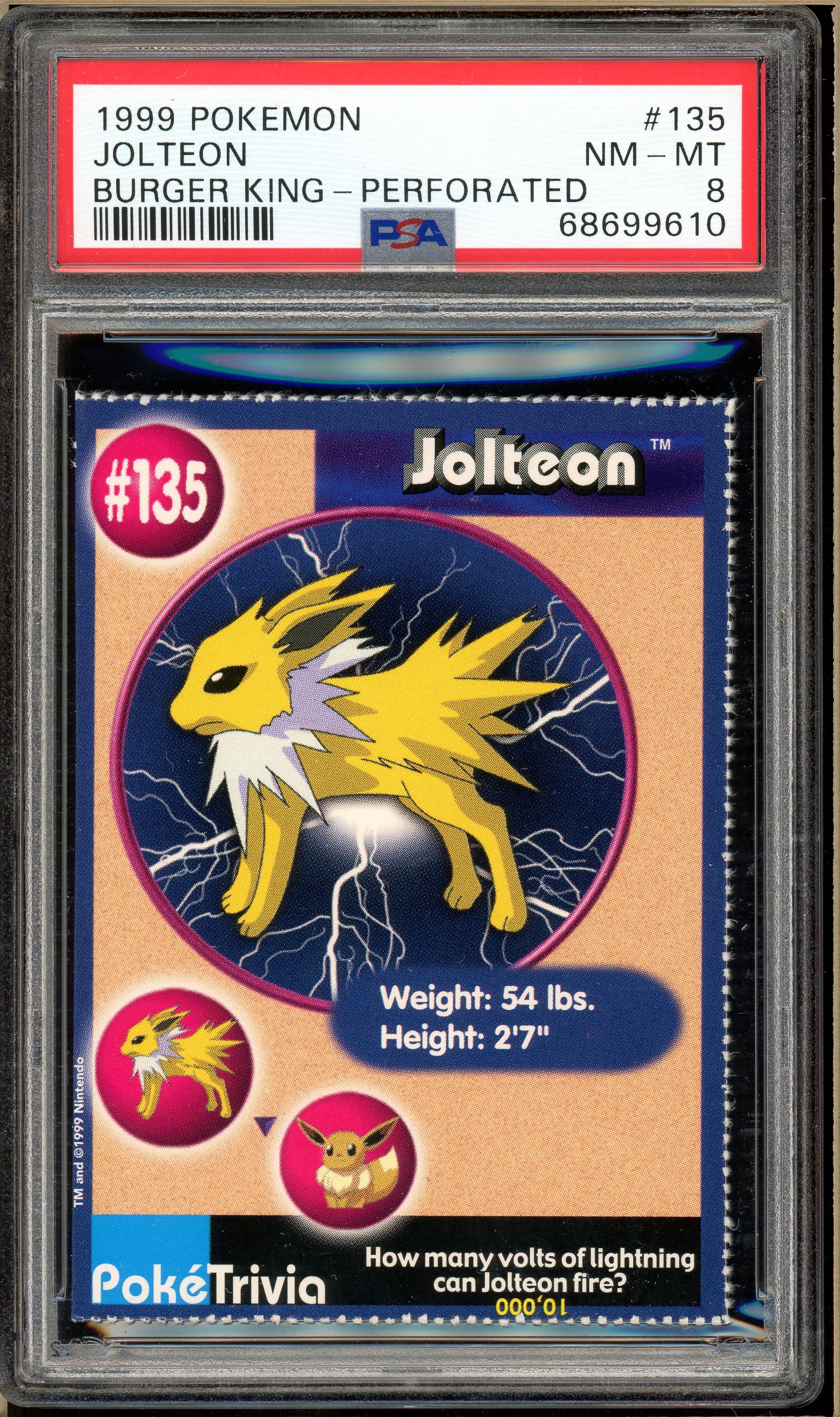 Over the Brick Pokmon - Jolteon, Burger King Perforated #135 PSA 8 Over the Brick Pokmon - Jolteon, Burger King Perforated #135 PSA 8