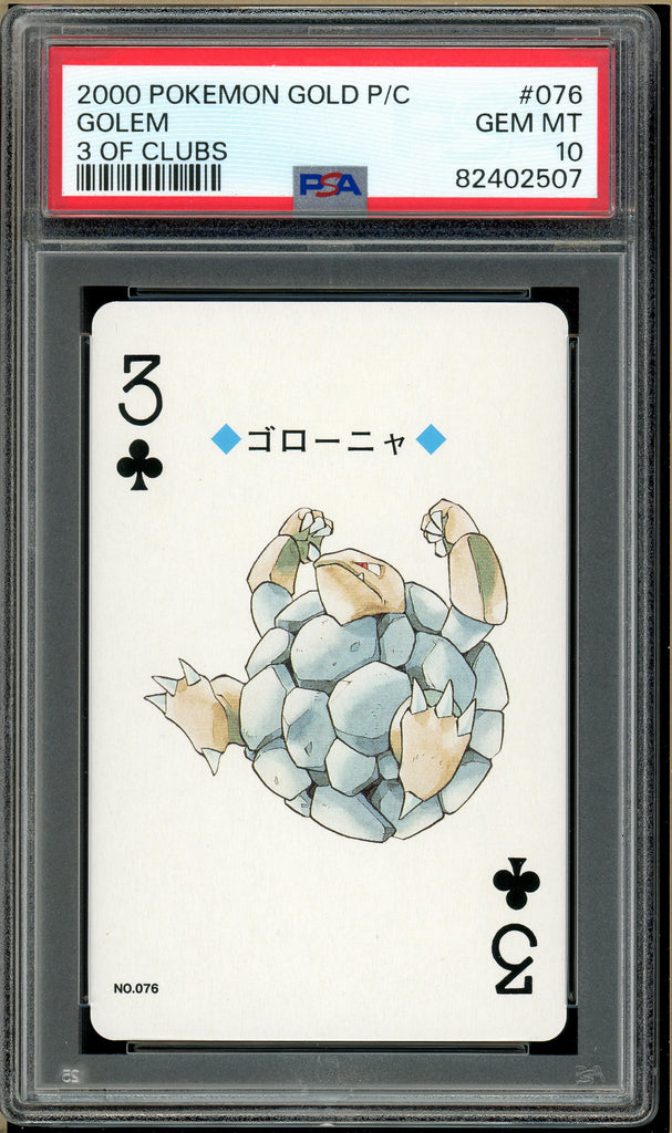 Pokémon - Golem 3 of Clubs, Gold Ho-oh Back Poker Deck #76 PSA 10 Front