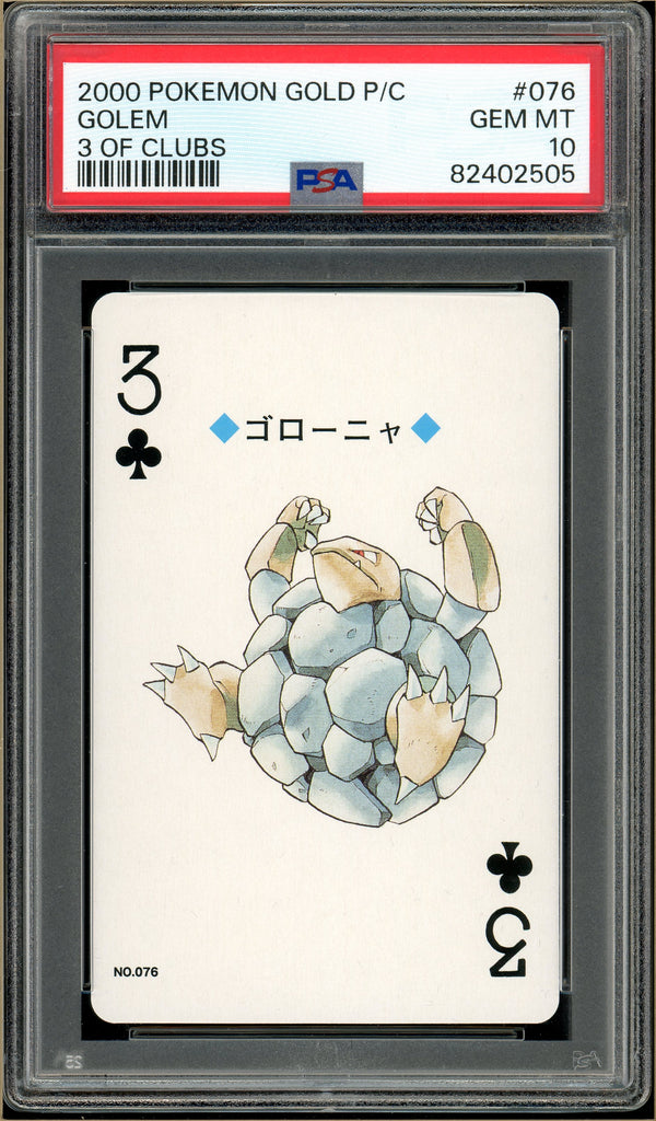 Pokémon - Golem 3 of Clubs, Gold Ho-oh Back Poker Deck #76 PSA 10 Front