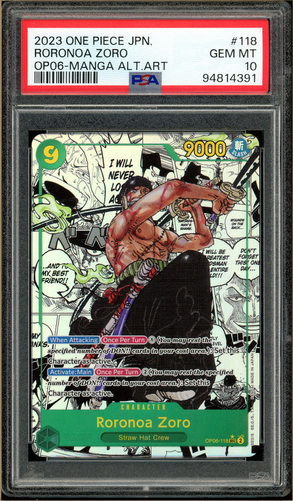 One Piece - Roronoa Zoro OP06 Manga Alt Art #118 PSA 10 Front