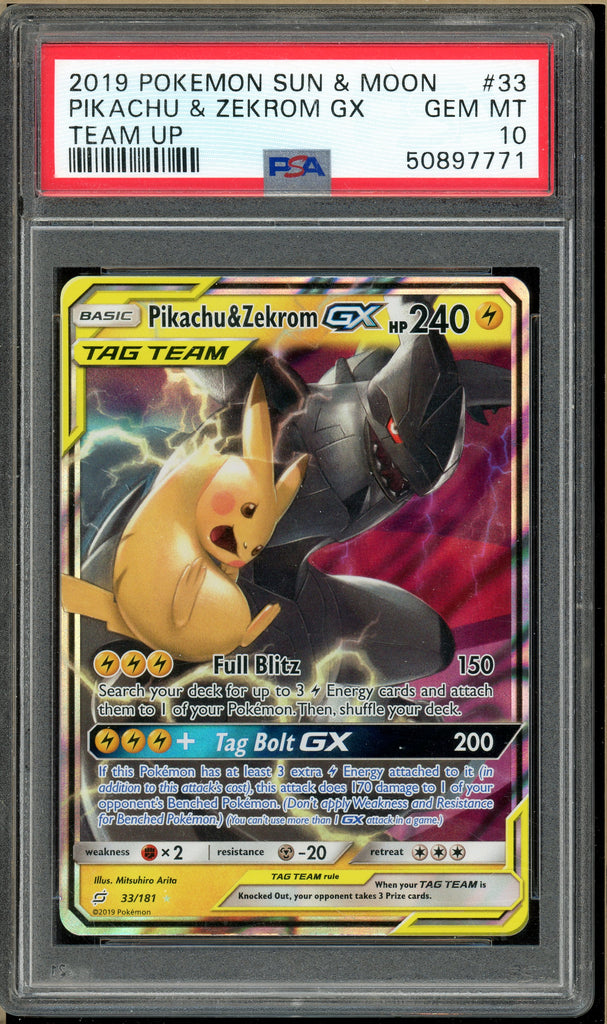 Pokémon - Tag Team Pikachu & Zekrom GX Team Up #33 PSA 10 Front