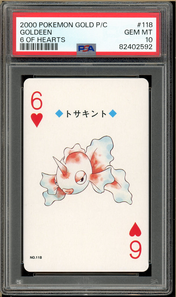 Pokémon - Goldeen 6 of Hearts, Gold Ho-oh Back Poker Deck #118 PSA 10 Front