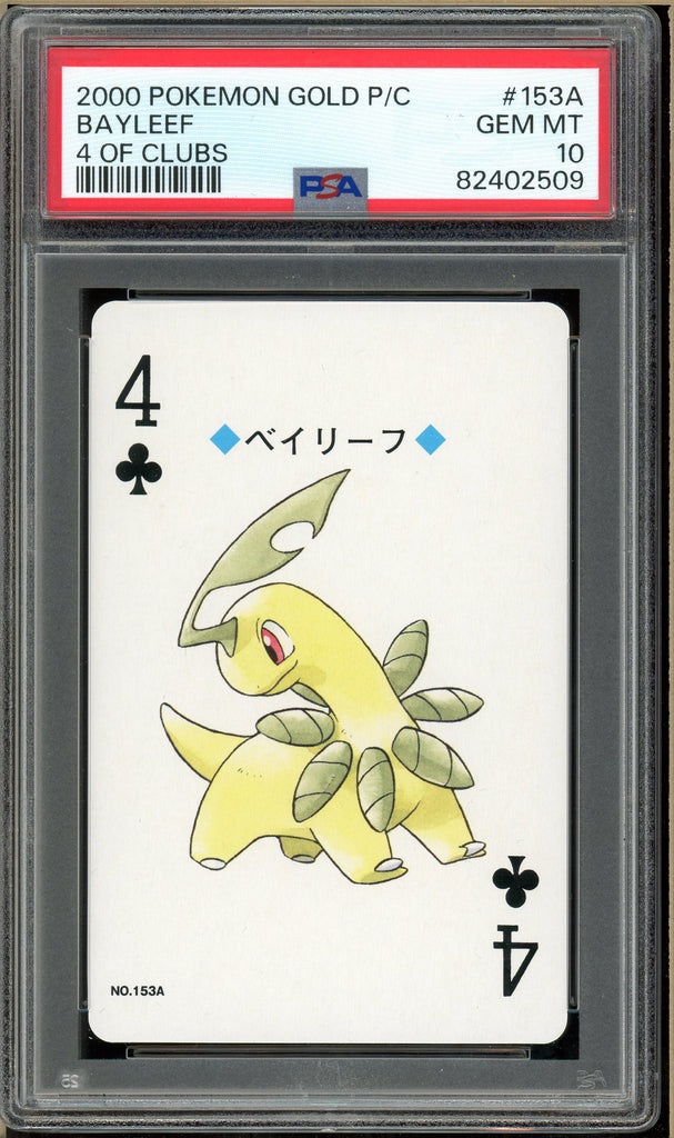 Pokémon - Bayleef 4 of Clubs, Gold Ho-oh Back Poker Deck #153A PSA 10 Front