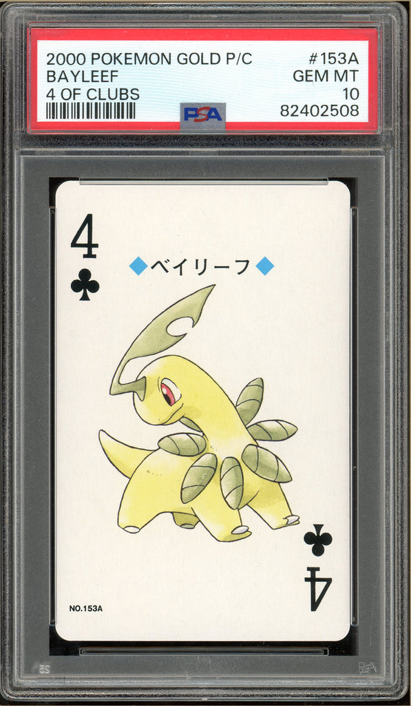 Pokémon - Bayleef 4 of Clubs, Gold Ho-oh Back Poker Deck #153A PSA 10 Front