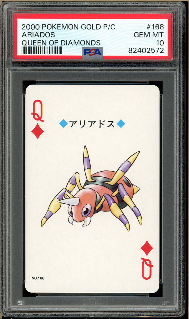 Pokémon - Ariados Queen of Diamonds, Gold Ho-oh Back Poker Deck #168 PSA 10 Front