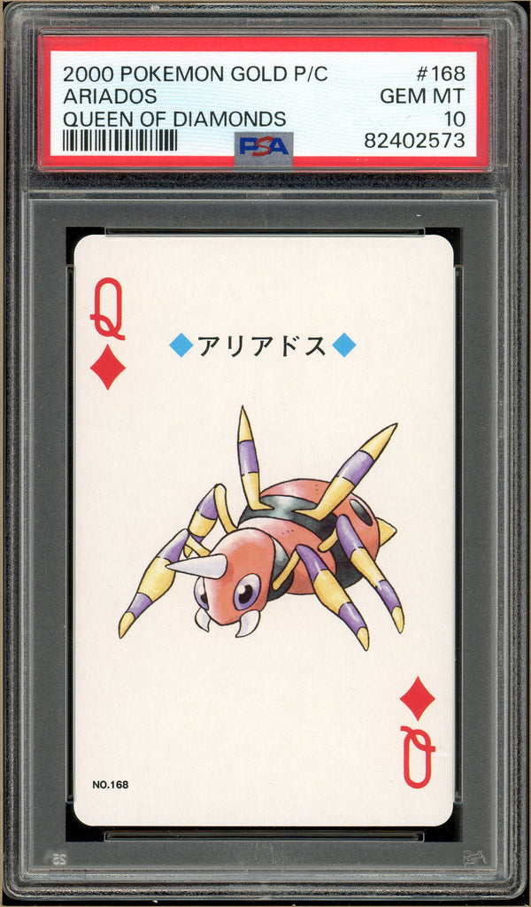 Pokémon - Ariados Queen of Diamonds, Gold Ho-oh Back Poker Deck #168 PSA 10 Front