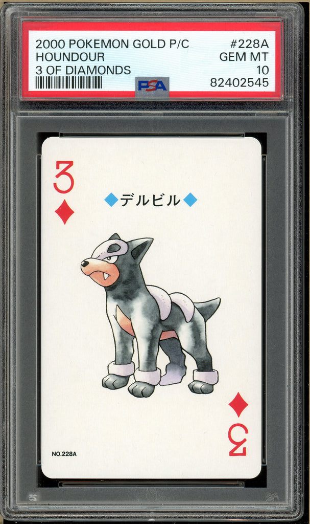 Pokémon - Houndour 3 of Diamonds, Gold Ho-oh Back Poker Deck #228A PSA 10 Front