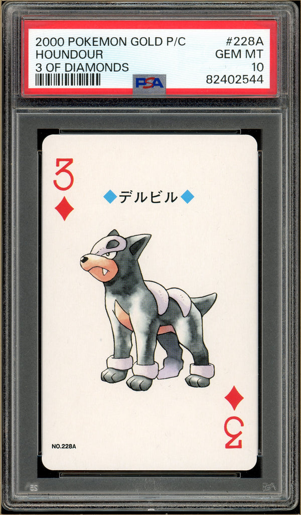 Pokémon - Houndour 3 of Diamonds, Gold Ho-oh Back Poker Deck #228A PSA 10 Front