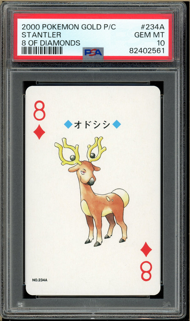 Pokémon - Stantler 8 of Diamonds, Gold Ho-oh Back Poker Deck #234A PSA 10 Front