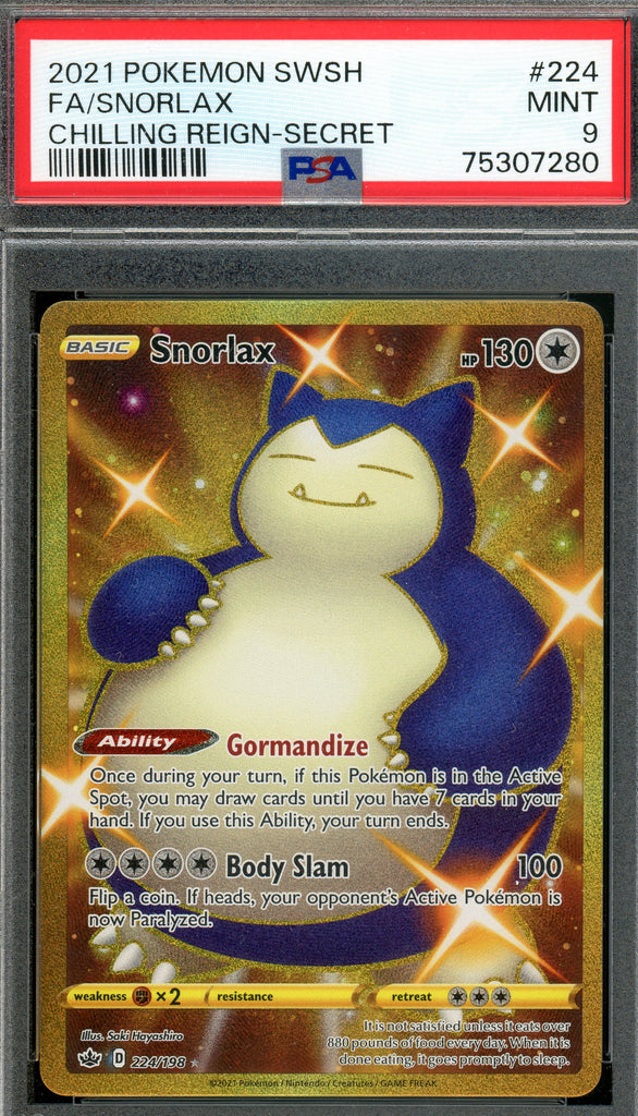 Pokémon - Snorlax VMAX Gold Full Art Secret Rare, Chilling Reign #224 PSA 9 front