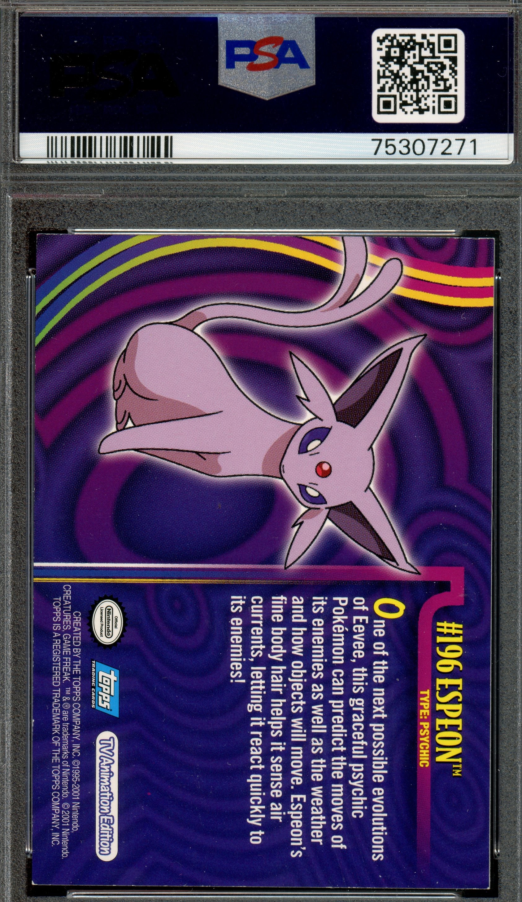 Over the Brick Pokmon - Espeon, Johto League Champions 2001 Topps #196 PSA 8 Over the Brick Pokmon - Espeon, Johto League Champions 2001 Topps #196 PSA 8