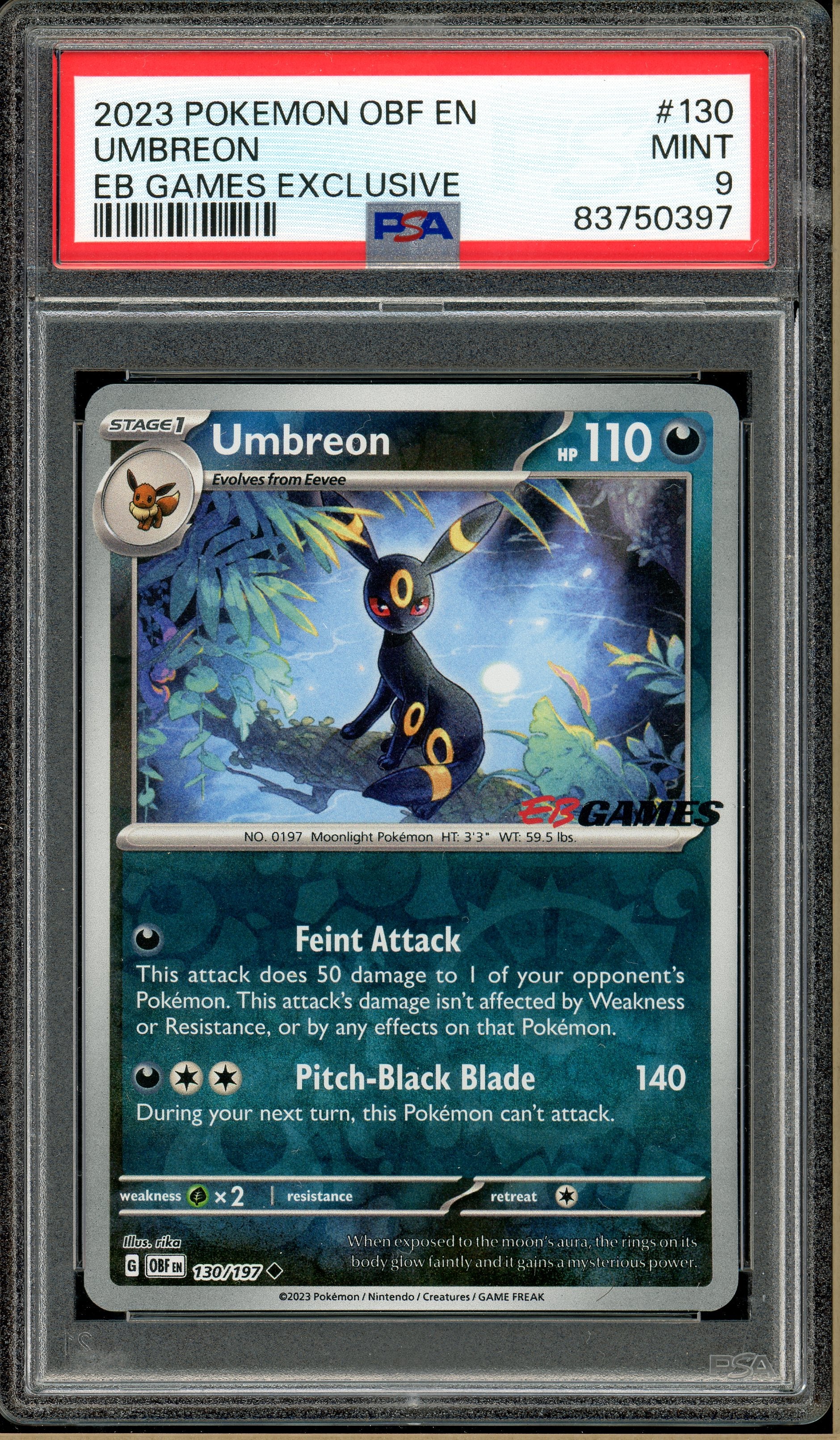 2023 Pokemon Obsidian Flames Umbreon 130/197 - EB Games Exclusive - PSA 9 | Ozzie Collectables 2023 Pokemon Obsidian Flames Umbreon 130/197 - EB Games Exclusive - PSA 9 | Ozzie Collectables