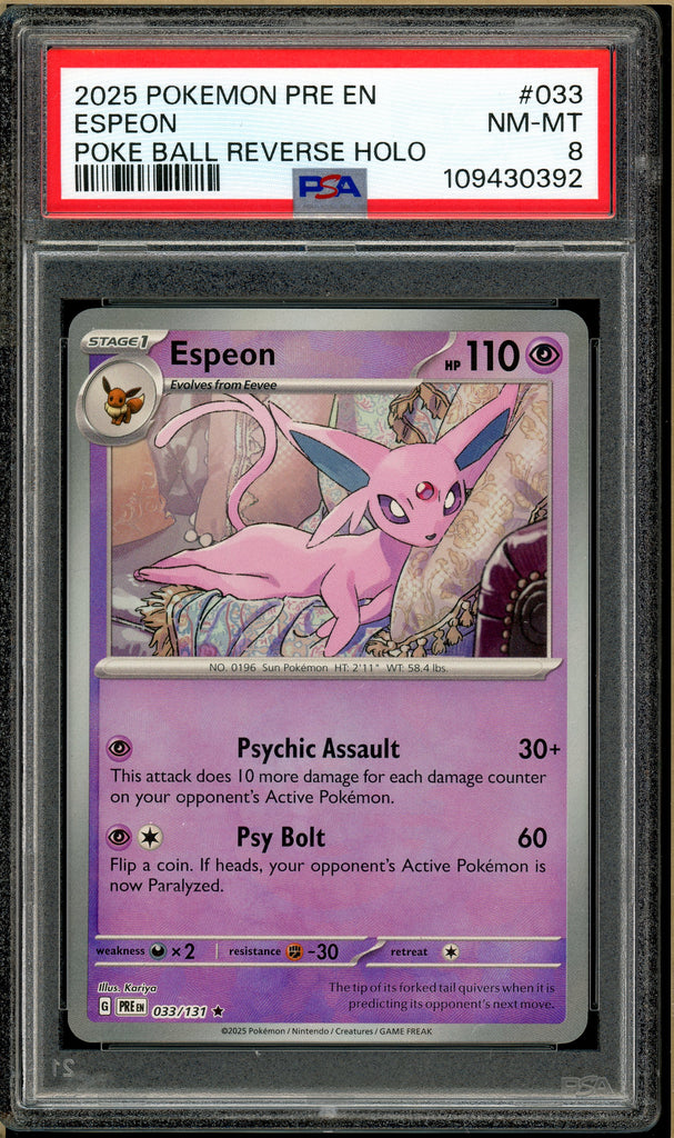 Pokémon - Espeon Reverse Holo Prismatic Evolutions #033 PSA 8