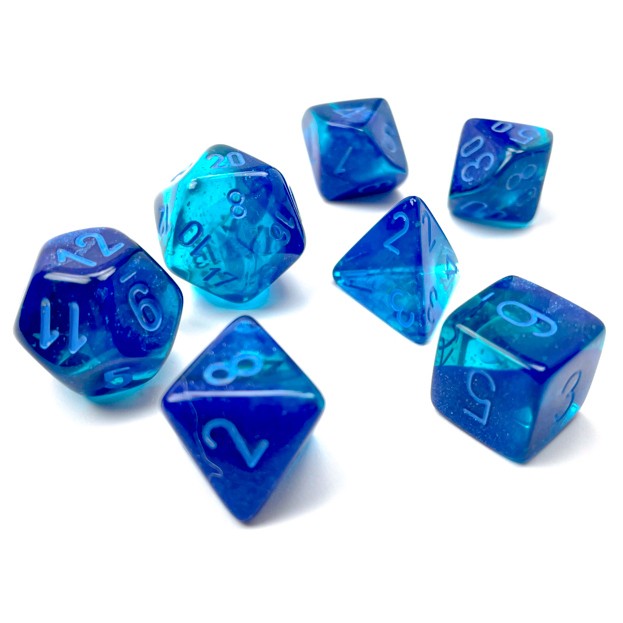 Chessex Gemini™ Blue-Blue Luminary Polyhedral Dice with Light Blue Numbers - Set of 7