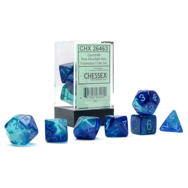 Chessex Gemini™ Blue-Blue Luminary Polyhedral Dice with Light Blue Numbers - Set of 7