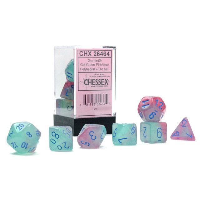 Chessex Gemini™ Green-Pink Luminary Polyhedral Dice with Blue Numbers - Set of 7