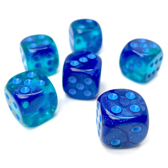 Chessex Gemini™ Blue Blue Luminary with Light Blue Pips 16 mm Dice Block (12 dice)