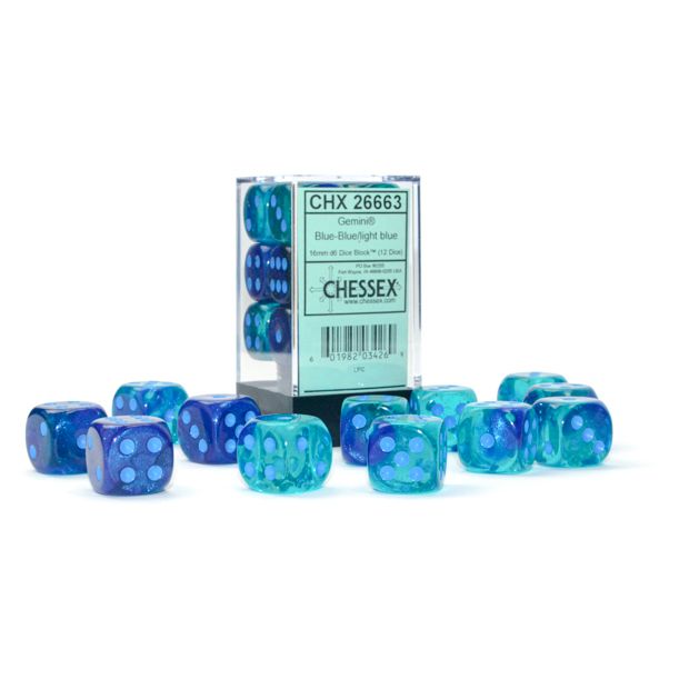 Chessex Gemini™ Blue Blue Luminary with Light Blue Pips 16 mm Dice Block (12 dice)