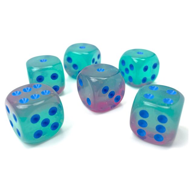 Chessex Gemini™ Gel Green Pink Luminary with Blue Pips 16 mm Dice Block (12 dice)