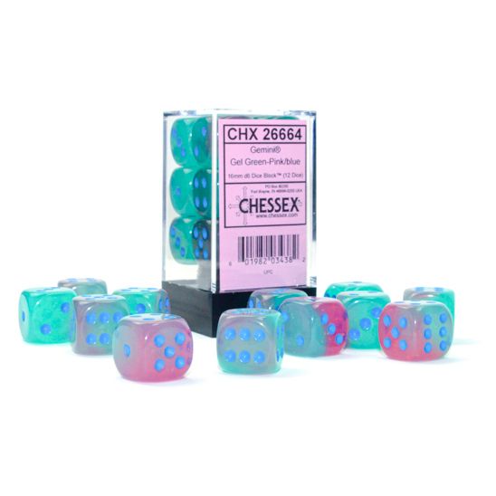 Chessex Gemini™ Gel Green Pink Luminary with Blue Pips 16 mm Dice Block (12 dice)