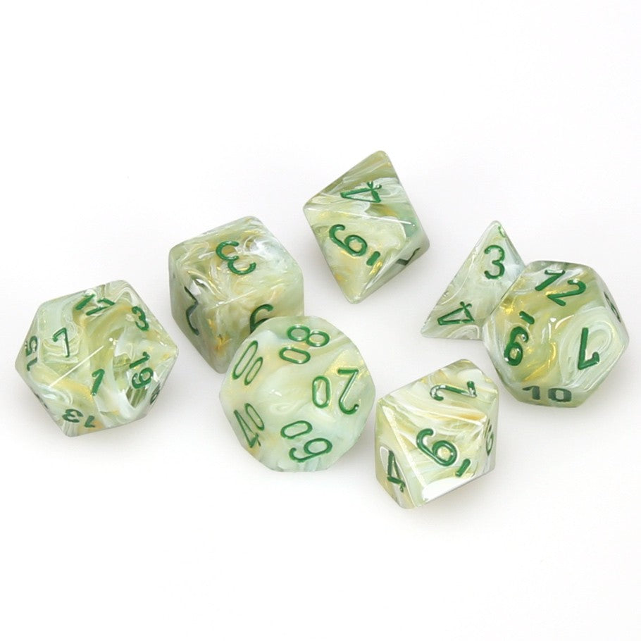 Chessex Marble Green Polyhedral Dice with Dark Green Numbers - Set of 7