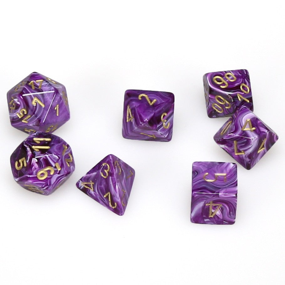 Chessex Vortex Purple Polyhedral Dice with Gold Numbers - Set of 7