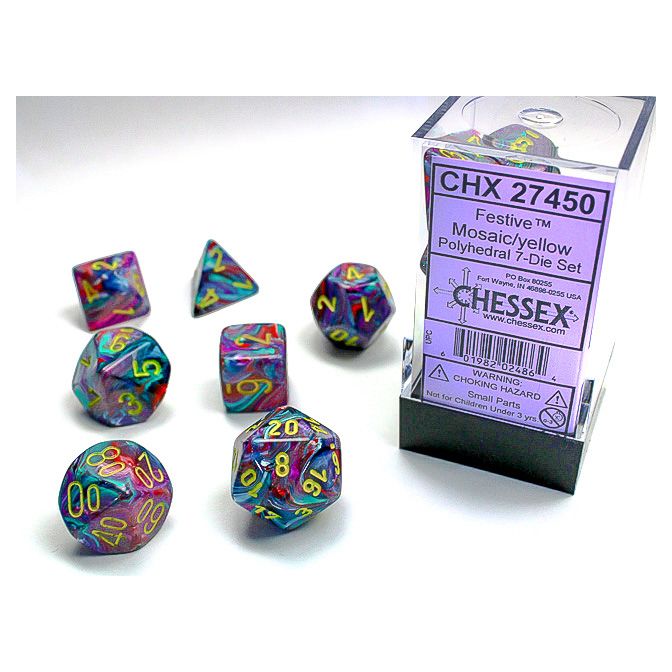 Chessex Festive Mosaic Polyhedral Dice with Yellow Numbers - Set of 7