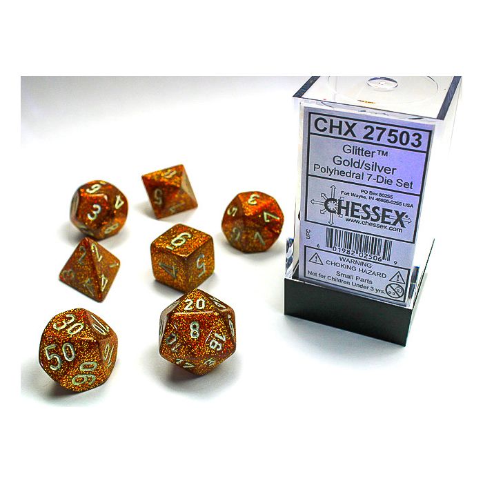 Chessex Glitter Gold Polyhedral Dice with Silver Numbers - Set of 7