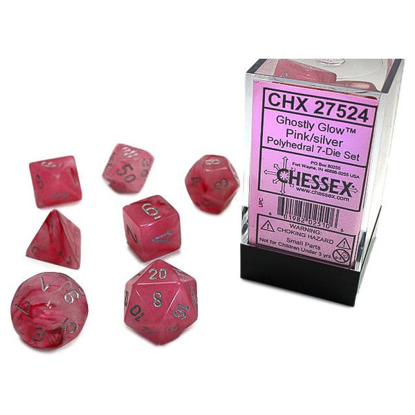 Chessex Ghostly Glow Pink Polyhedral Dice with Silver Numbers - Set of 7