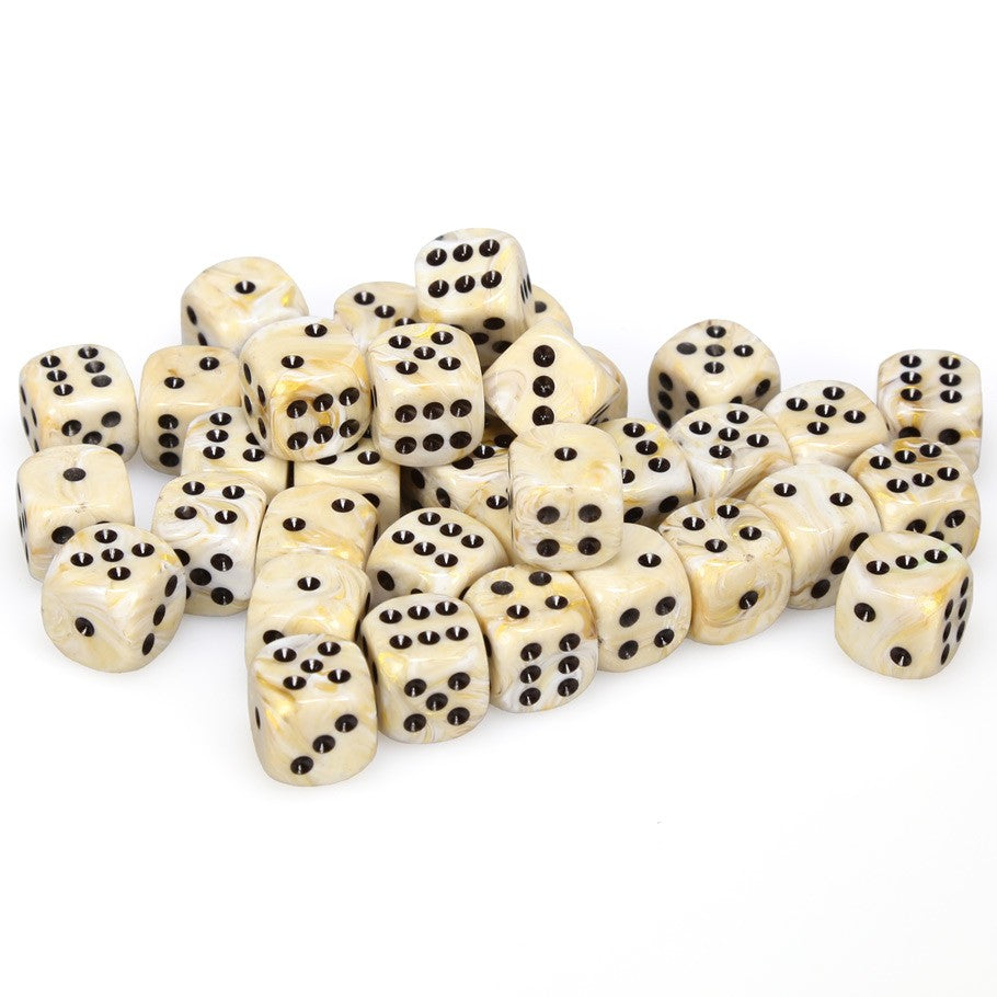 Chessex Marble Ivory with Black Numbers 12 mm Dice Block (36 dice)