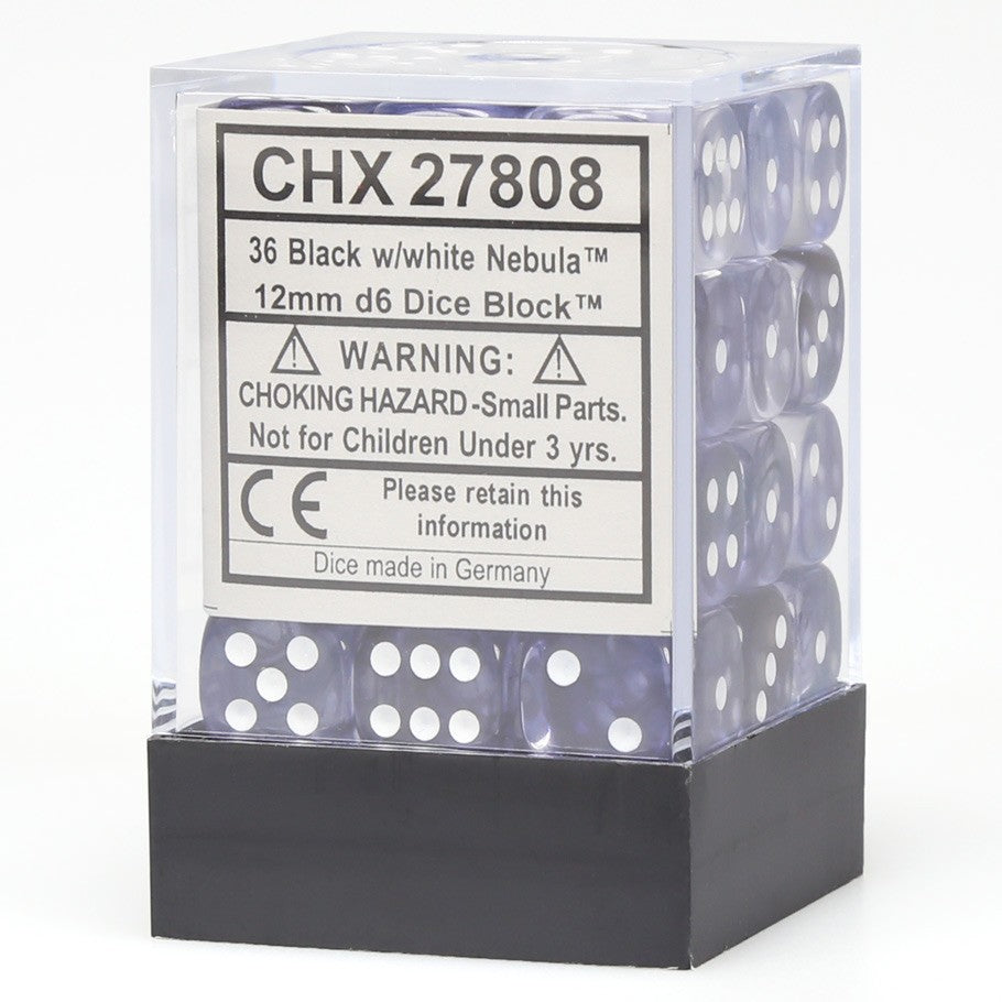 Chessex Nebula™ Black with White Pips 12mm Dice Block (36 dice)