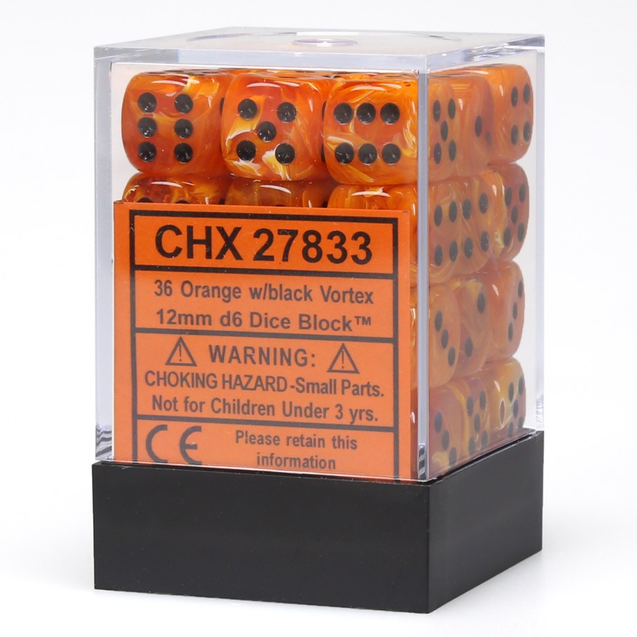 Chessex Vortex Orange with Black Numbers 12 mm Dice Block (36 dice)