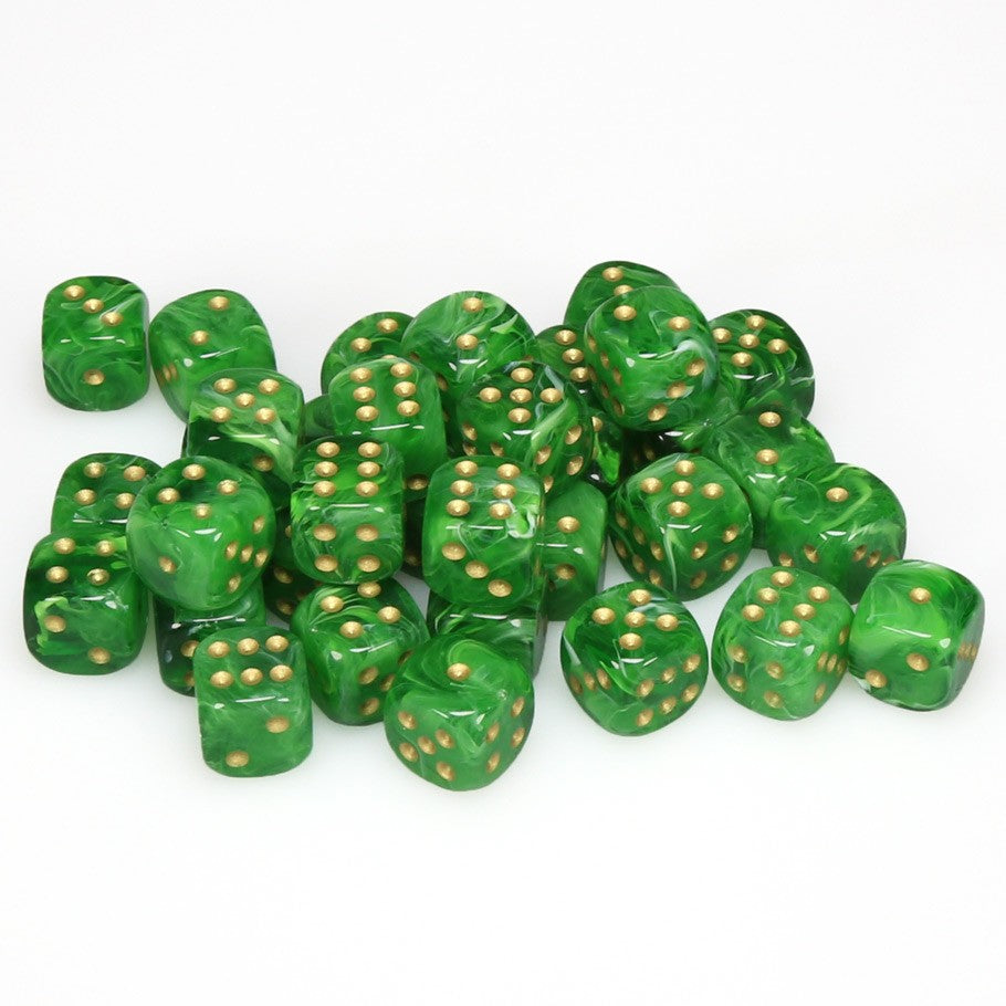 Chessex Vortex Green with Gold Numbers 12 mm Dice Block (36 dice)