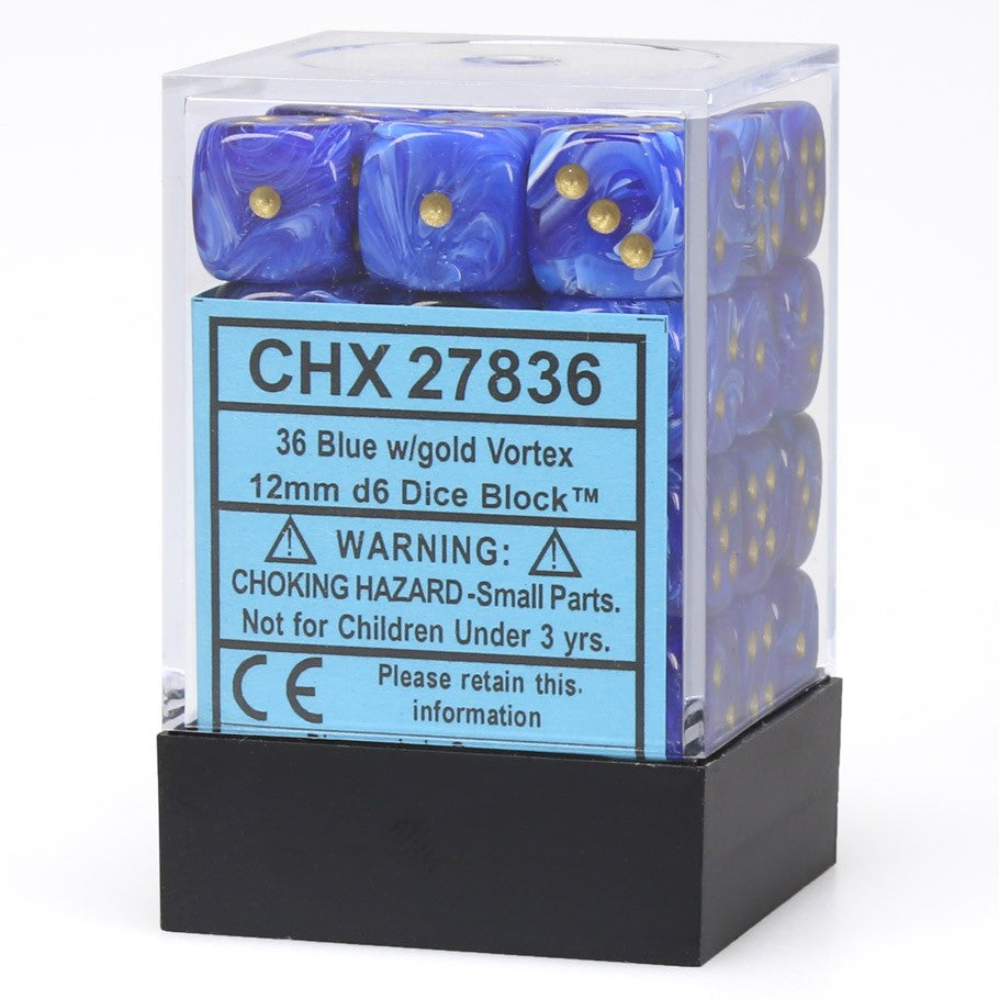 Chessex Vortex Blue with Gold Numbers 12 mm Dice Block (36 dice)