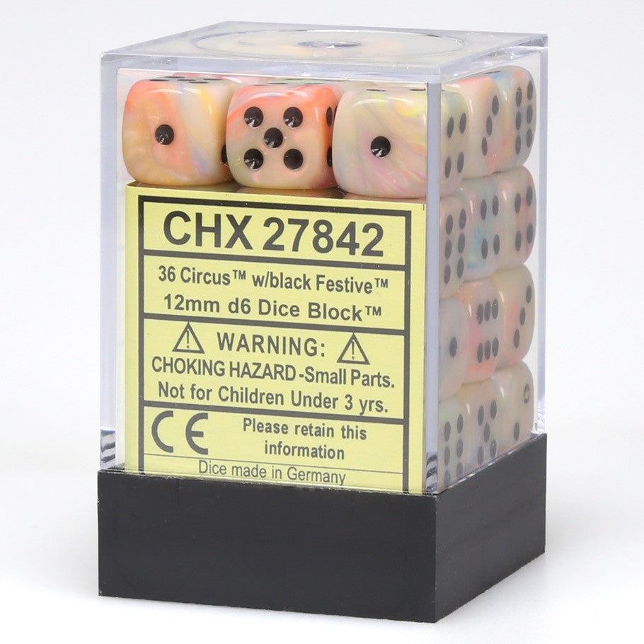 Chessex Festive™ Circus with Black Pips 12mm Dice Block (36 dice)