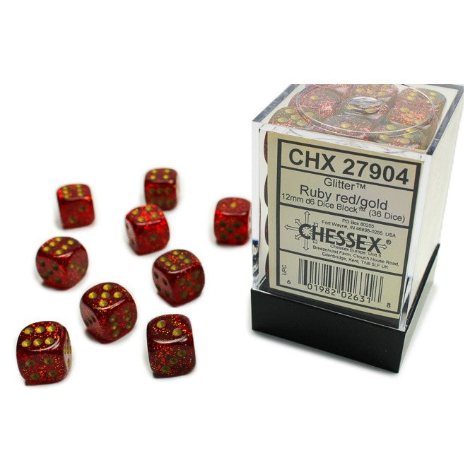 Chessex Glitter Ruby Red with Gold Numbers 12 mm Dice Block (36 dice)